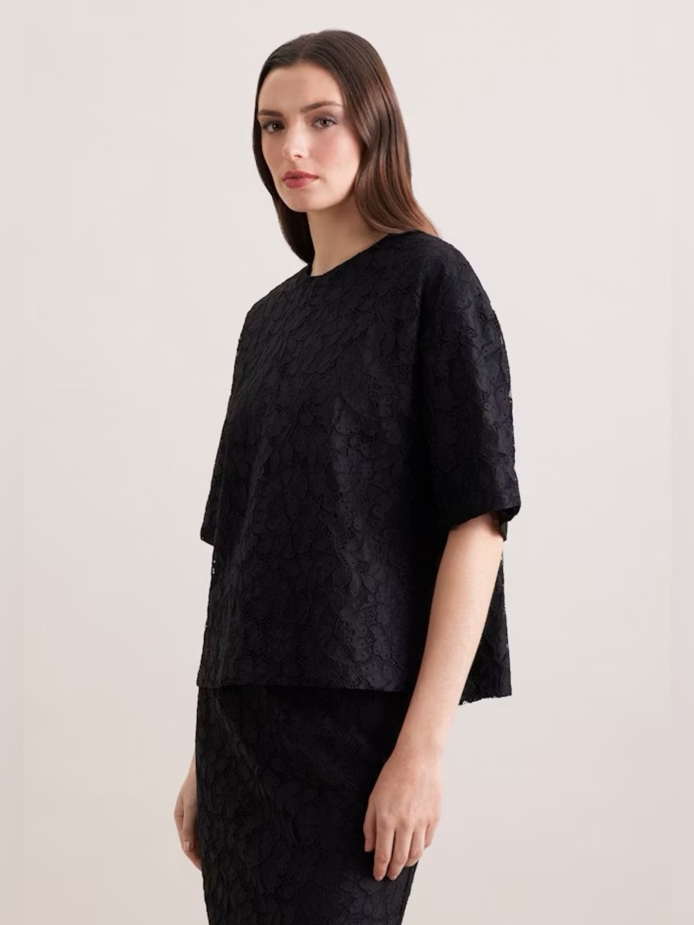 Robert Rodriguez black damask embossed lace trim top